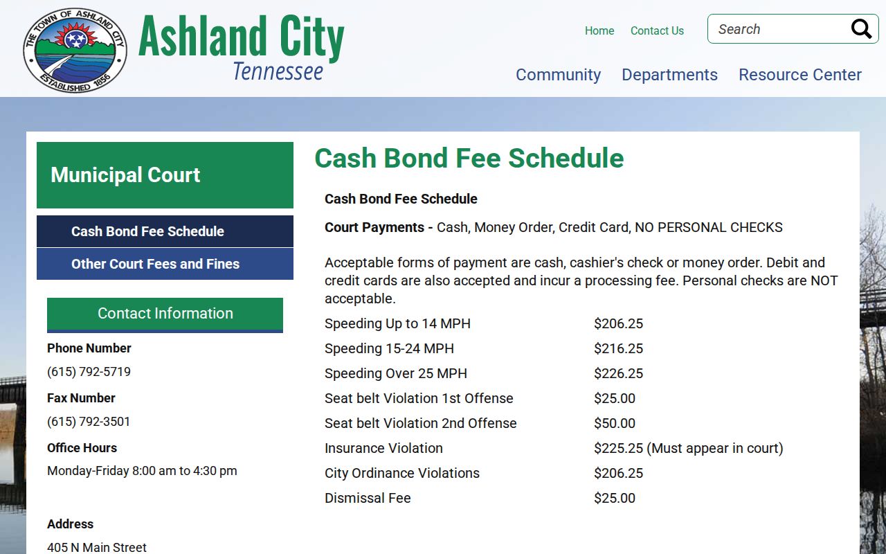 Ashland City municipal traffic fee schedule, separate from county criminal warrants