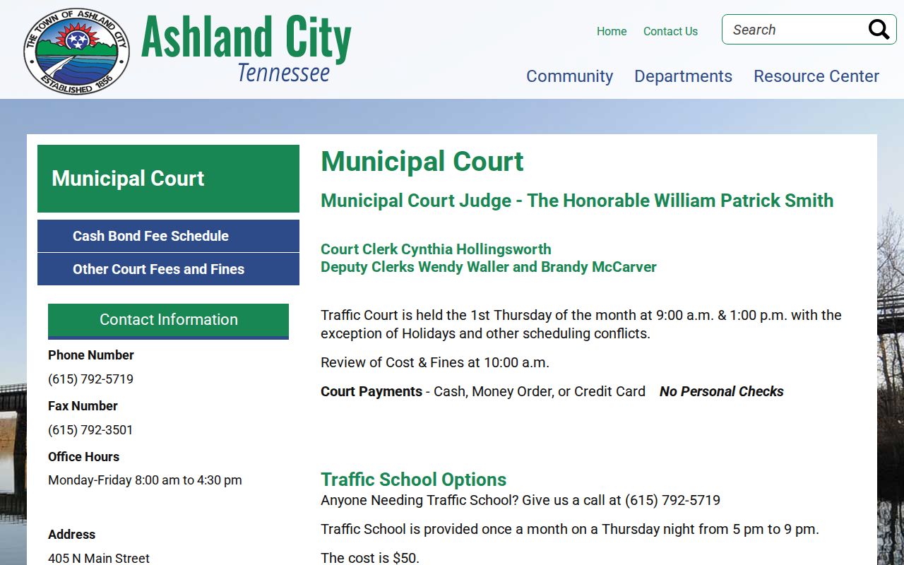 Ashland City municipal court schedule for Cheatham County city warrant routing