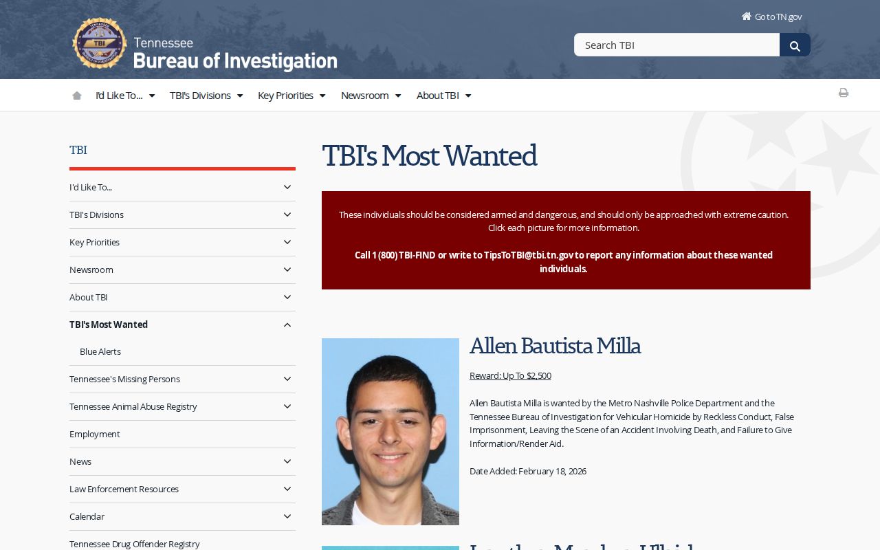 Tennessee TBI curated most-wanted program and tip guidance, not a Cheatham County roster