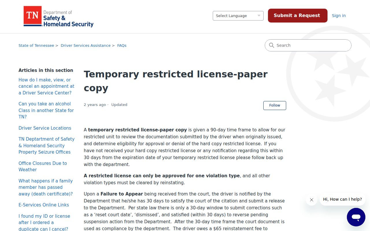 Tennessee FTA notice and release instructions for traffic warrant follow-up