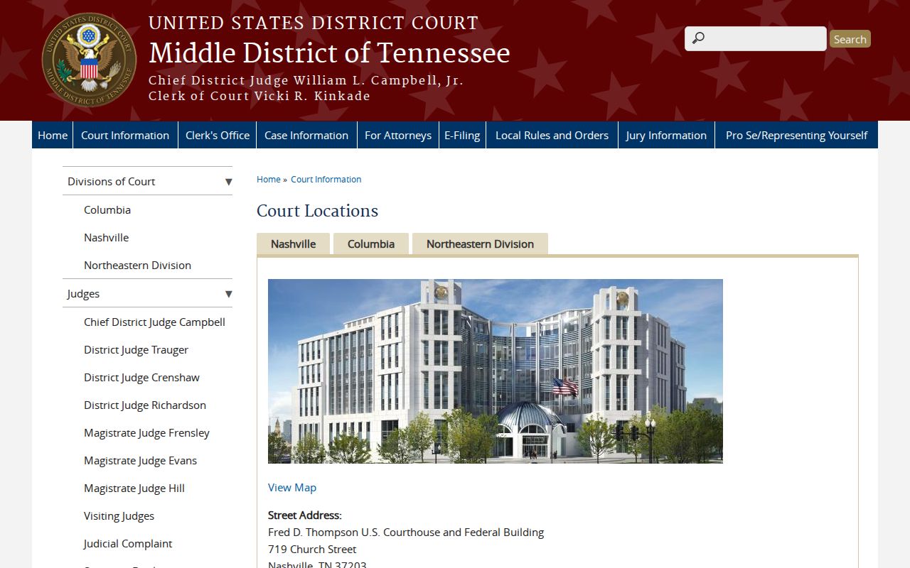 Middle District of Tennessee federal court location for federal warrant records