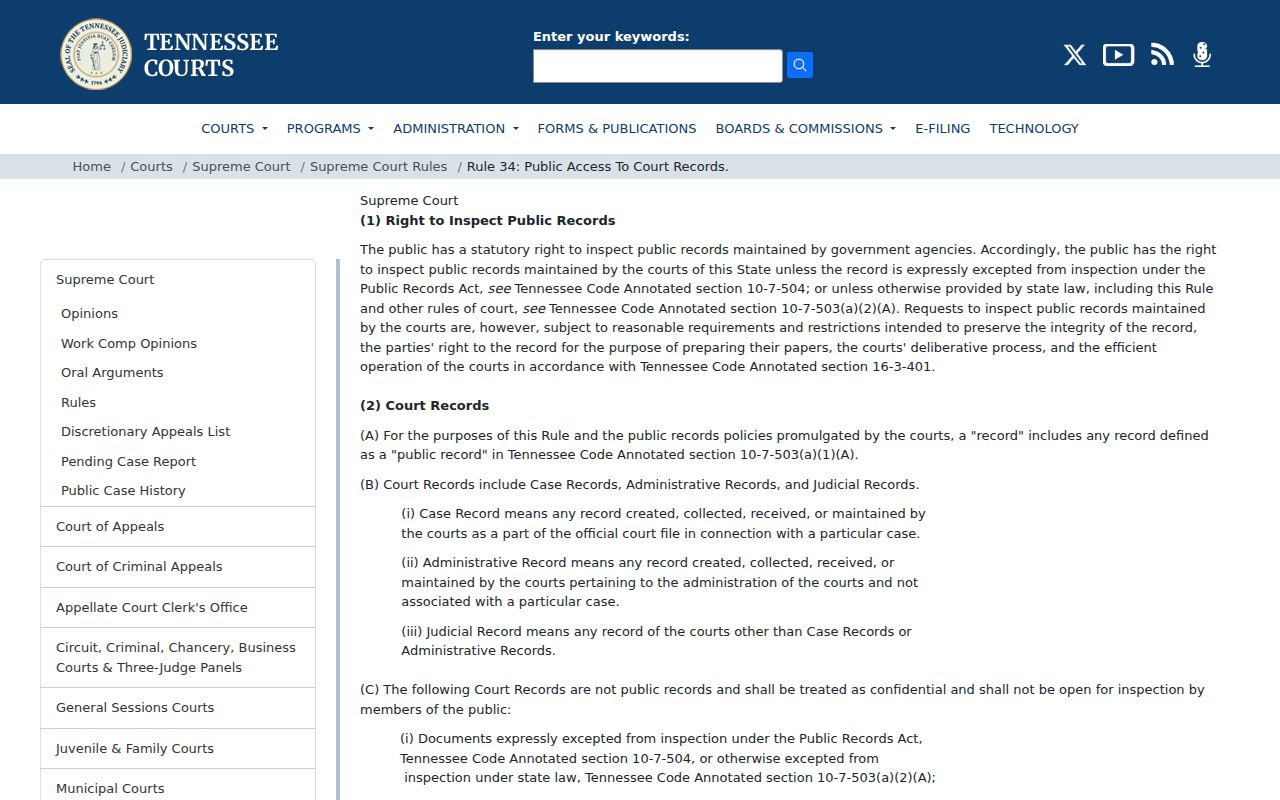 Tennessee Rule 34 court-record access rules relevant to Cheatham County