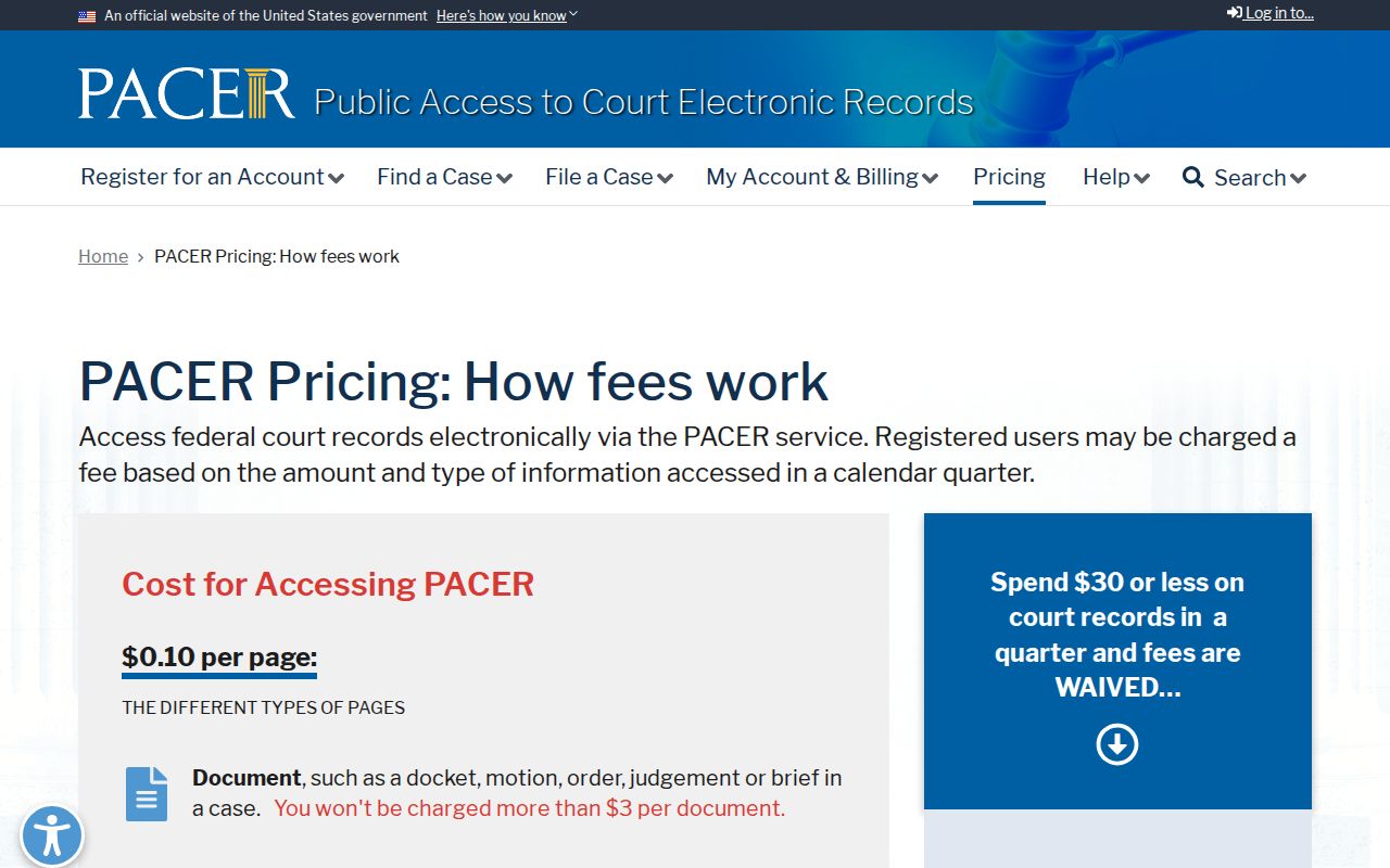 PACER federal case record access and fee information